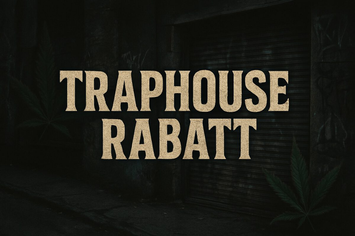 Traphouse Rabatt Schriftzug vor dunkler Garage mit urbanem Graffiti und Hanfblättern im Hintergrund