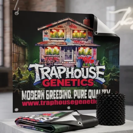Traphouse Genetics Banner mit Logo für Growshops und Weed Lifestyle Deko zu Hause