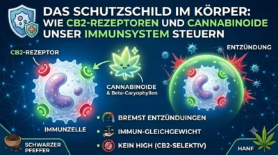 Wie CB2-Rezeptoren und Cannabinoide das Immunsystem steuern. Links wird eine Immunzelle gezeigt, an deren CB2-Rezeptoren Cannabinoide und Beta-Caryophyllen binden. Rechts eine Immunzelle in einem Schutzschild, die Entzündungen abwehrt. Darunter Symbole für natürliche Quellen wie schwarzen Pfeffer und Hanf sowie die Stichpunkte: Bremst Entzündungen, Immun-Gleichgewicht, Kein High (CB2-selektiv).